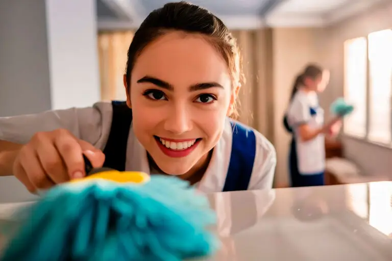 Professional cleaning company house cleaner smiling while dusting a clean surface.