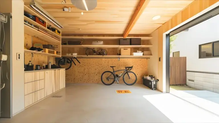organized wooden garage with shelves and bicycle