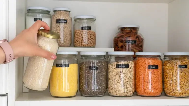 Hand placing a labeled glass jar among organized pantry containers on a white shelf.