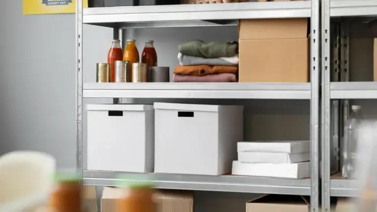Metal storage shelves organized with boxes, canned goods, bottles, and folded clothes.