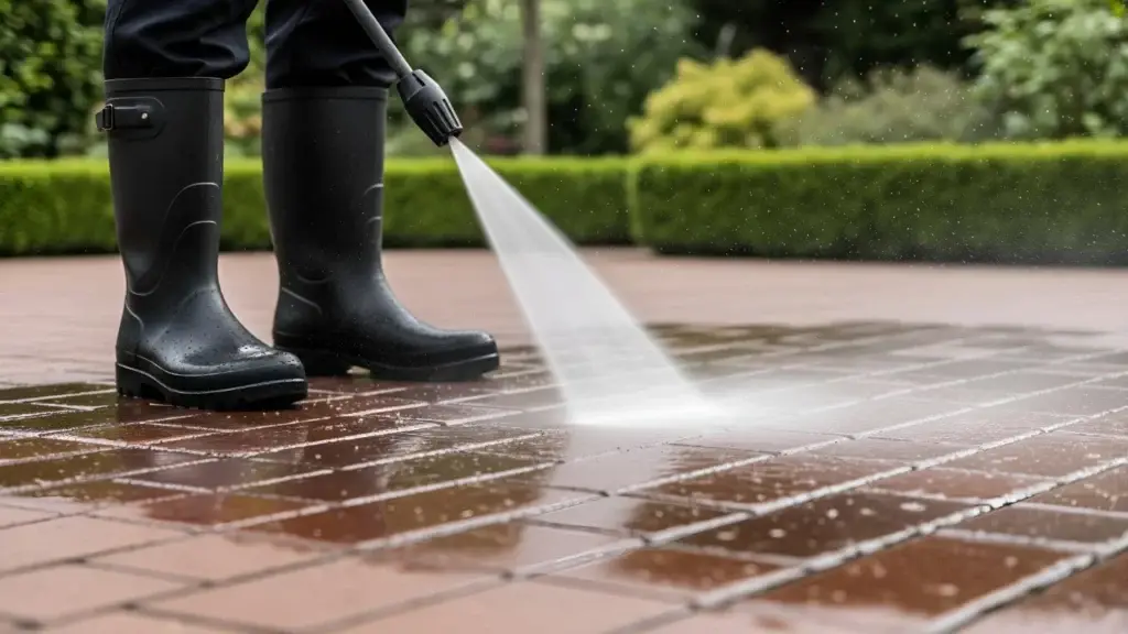 Person in rubber boots pressure washing a wet outdoor brick floor.