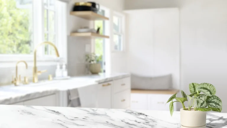 Bright white kitchen with marble countertop and gold fixtures