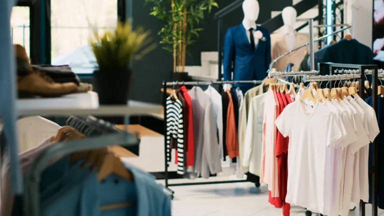 Modern clothing boutique interior with merchandise racks