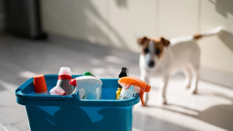 Blue cleaning supplies bucket with dog in background